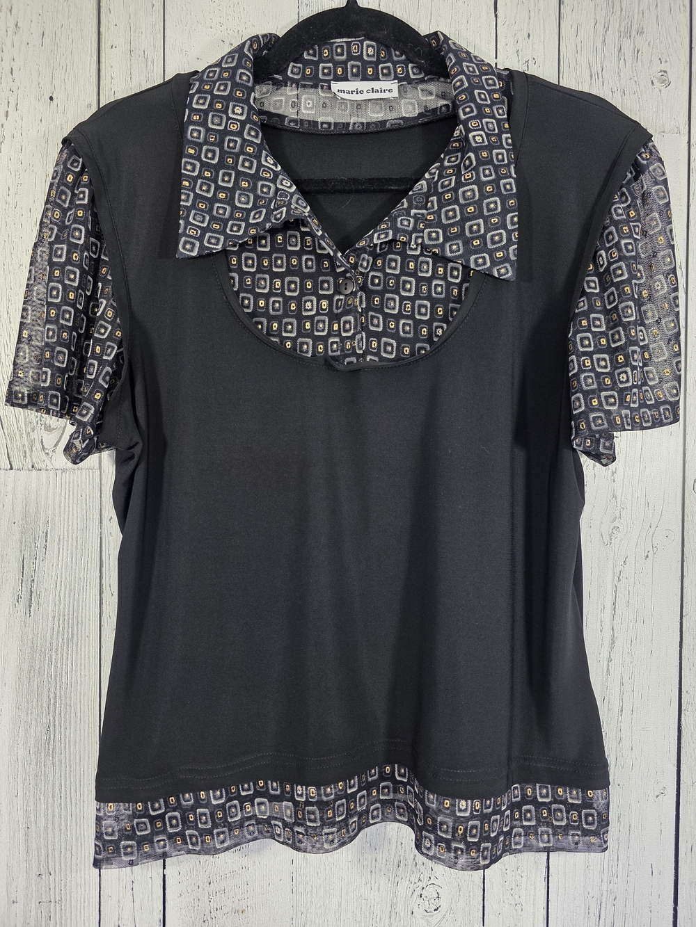 Marie Claire Black Layered Look Geometric Mesh Top Size XL Made In Canada